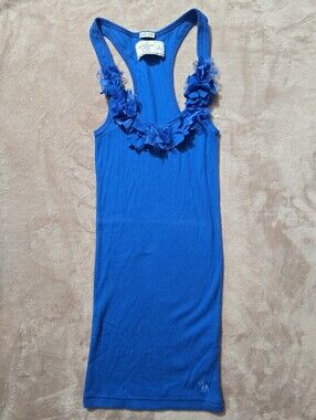 Abercrombie & Fitch Y2K Blue Tank Top Lace Rufgle Floral Trim, Sz XS